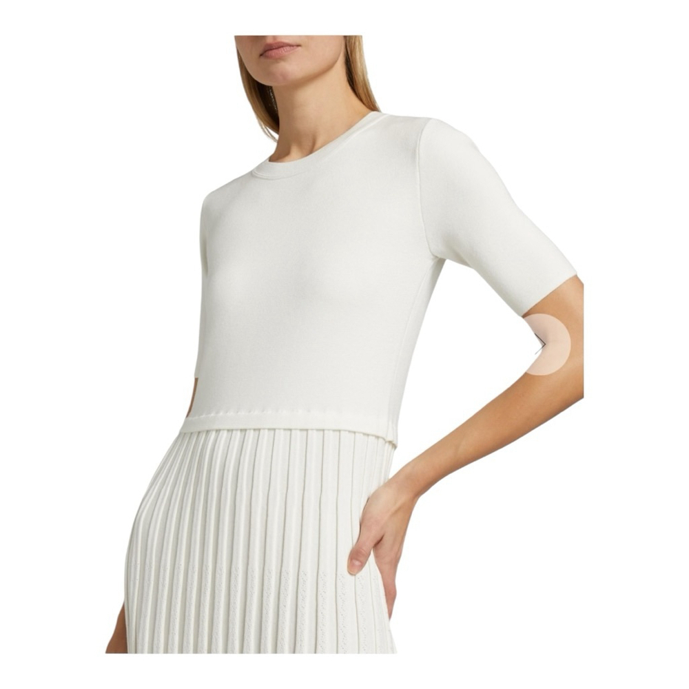 Women's Elie Tahari White Short Sleeve Knit Pleated Midi Dress - Picture 5 of 11